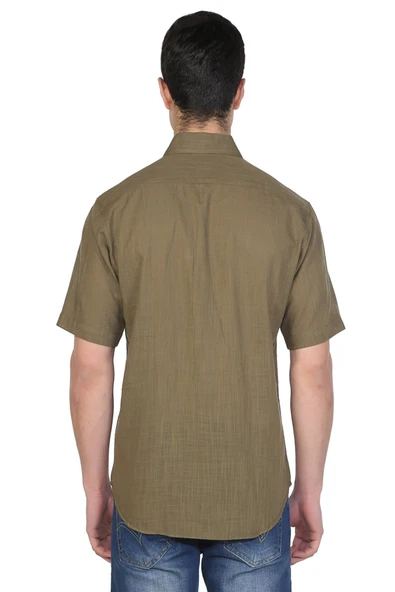 Kısa Kol Dar Kalıp Şile Bezi Tek Cepli Erkek Yazlık Gömlek Haki 3049 L Haki - 2