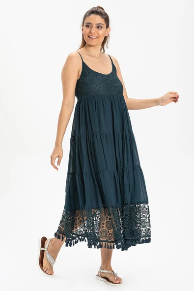 Askılı Şile Bezi Didem Uzun Yazlık Elbise Petrol Ptrl - Resim 4