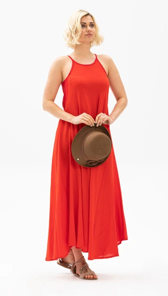 Askılı Şile Bezi Sima Uzun Yazlık Elbise Kırmızı Krmz S Kırmızı - Resim 4
