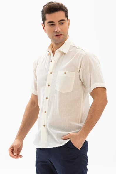 Kısa Kol Şile Bezi Tek Cepli Erkek Yazlık Gömlek Krem 3002 XL Krem ürün görseli