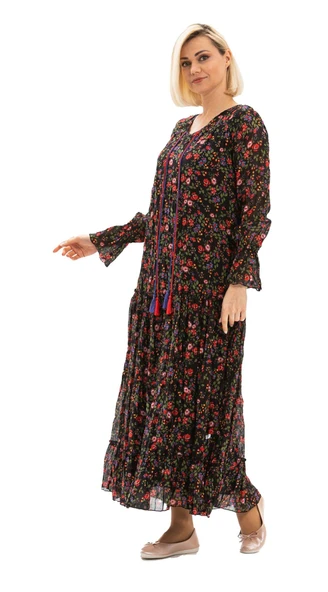 Uzun Kol Vual Gonca Uzun Yazlık Elbise Tomurcuk Desen Siyah 6162 S/M Siyah - 6