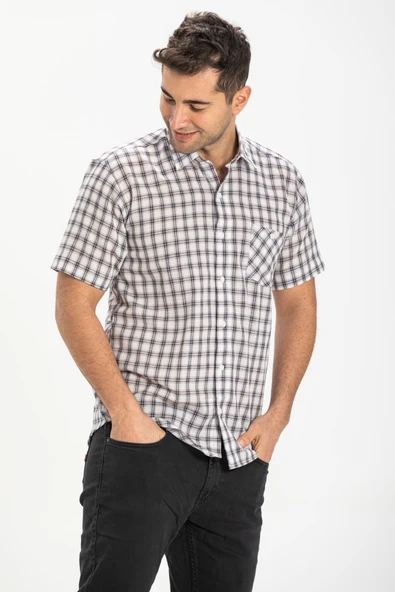 Kısa Kol Şile Bezi Tek Cepli Erkek Yazlık Gömlek Füme Ekose 3039 L Füme Ekose - Resim 3