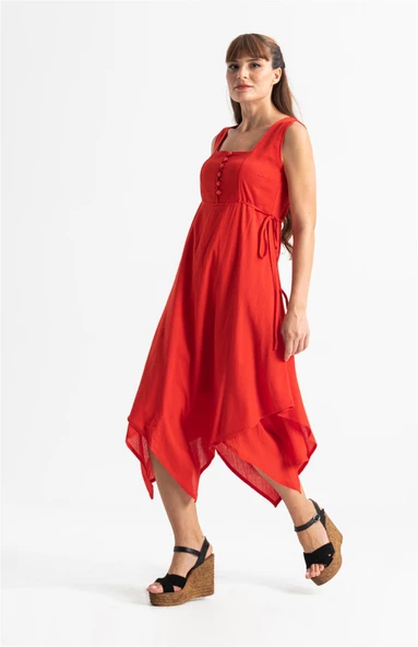 Kolsuz Şile Bezi Üçgen Katlı Midi Boy Yazlık Elbise Kırmızı Krmz - Resim 5