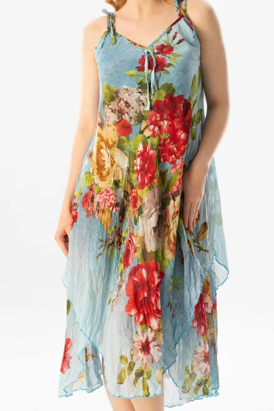 Askılı Vual Afrodit Midi Boy Yazlık Elbise Buz Mavi 6121 - Resim 3