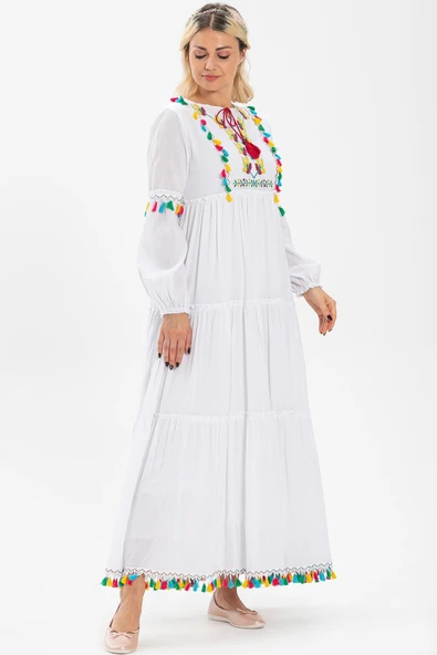 Uzun Kol Şile Bezi İffet Uzun Tesettür Elbise Beyaz Byz 2XL Beyaz ürün görseli