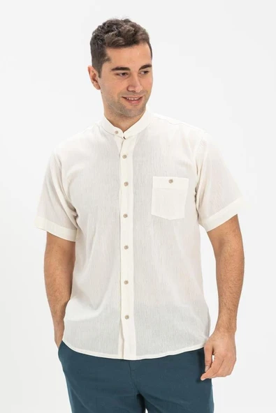 Kısa Kol Şile Bezi Hakim Yaka Tek Cepli Erkek Yazlık Gömlek Krem 3002 L Krem ürün görseli