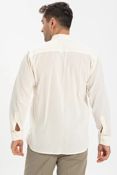 Uzun Kol Şile Bezi Hakim Yaka Tek Cepli Erkek Yazlık Gömlek Krem 3002 2XL Krem - Resim 2