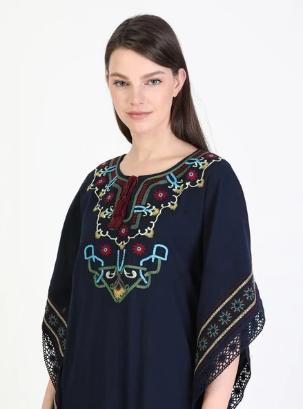 Kısa Kol Şile Bezi Gülseren Uzun Yazlık Otantik Elbise Lacivert Lcvt S/M Lacivert - Resim 9