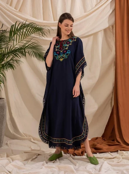 Kısa Kol Şile Bezi Gülseren Uzun Yazlık Otantik Elbise Lacivert Lcvt - Resim 12