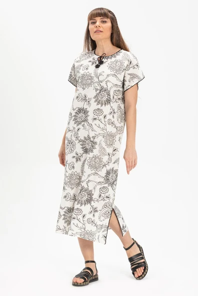 Kısa Kol Şile Bezi Baskılı Uzun Yazlık Elbise Çınar Desen Beyaz Byz L Beyaz - Resim 4