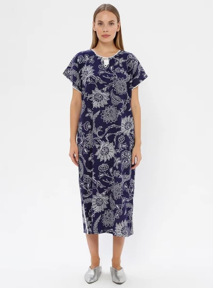 Kısa Kol Şile Bezi Baskılı Uzun Yazlık Elbise Çınar Desen Lacivert Lcvt L Lacivert - Resim 8