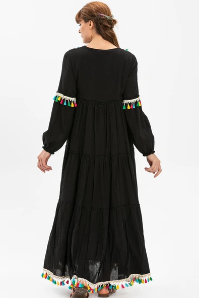 Uzun Kol Şile Bezi İffet Uzun Tesettür Elbise Siyah Syh M Siyah - Resim 2