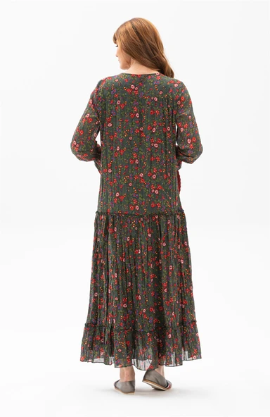 Uzun Kol Vual Gonca Uzun Yazlık Elbise Tomurcuk Desen Yeşil 6170 - Resim 2