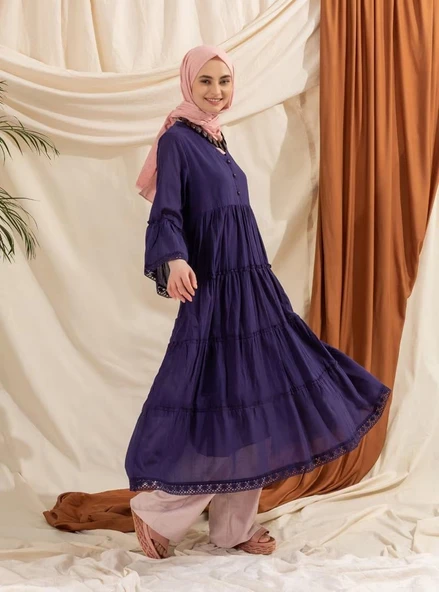 Uzun Kol Vual Şeyma Uzun Yazlık Elbise Mor Mor XL Mor - Resim 8