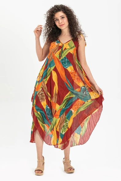 Askılı Vual Afrodit Midi Boy Yazlık Elbise Bordo 6151 ürün görseli