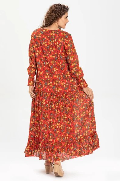 Uzun Kol Vual Gonca Uzun Yazlık Elbise Tomurcuk Desen Turuncu 6168 L/XL Turuncu - Resim 2