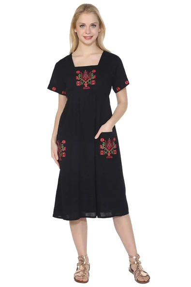 Kısa Kol Şile Bezi Büyük Beden Melek Midi Boy Yazlık Elbise Siyah Syh 4XL Siyah - Resim 5