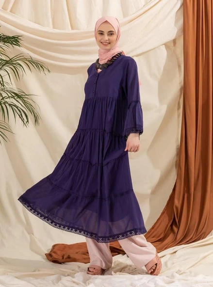 Uzun Kol Vual Şeyma Uzun Yazlık Elbise Mor Mor XL Mor - Resim 7
