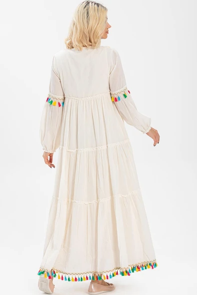 Uzun Kol Şile Bezi İffet Uzun Tesettür Elbise Krem Krm 2XL Krem - Resim 2