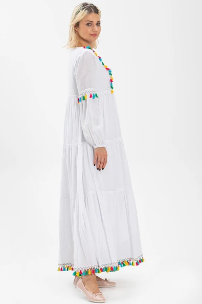 Uzun Kol Şile Bezi İffet Uzun Tesettür Elbise Beyaz Byz XL Beyaz - Resim 4