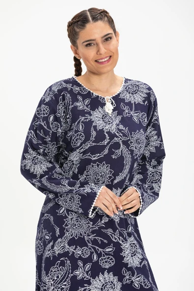 Uzun Kol Şile Bezi Baskılı Uzun Yazlık Elbise Çınar Desen Lacivert Lcvt - Resim 3