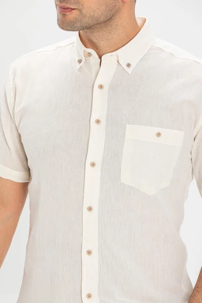 Kısa Kol Dar Kalıp Şile Bezi Tek Cepli Erkek Yazlık Gömlek Krem 3002 L Krem - Resim 3