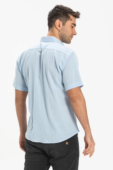 Kısa Kol Dar Kalıp Şile Bezi Tek Cepli Erkek Yazlık Gömlek Buz Mavi 3027 2XL Buz Mavi - Resim 2