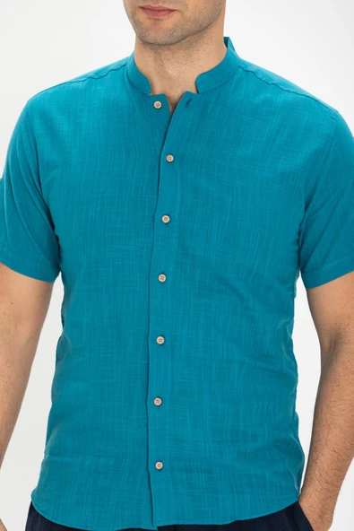 Kısa Kol Şantuklu Pamuk Bodrum Yazlık Erkek Gömlek Petrol 3053 XL Petrol - Resim 3