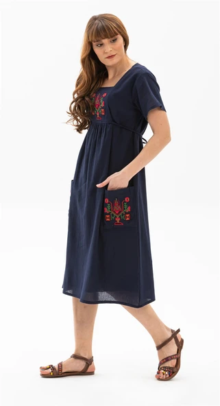 Kısa Kol Şile Bezi Büyük Beden Melek Midi Boy Yazlık Elbise Lacivert Lcvt 5XL Lacivert - Resim 3