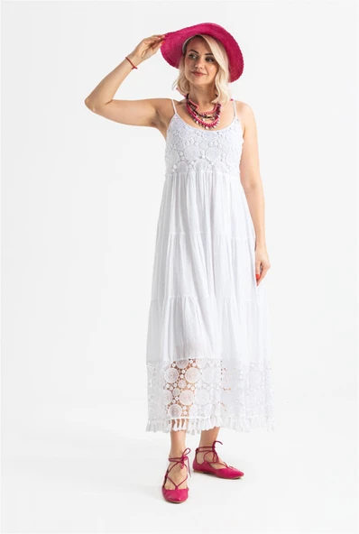 Askılı Şile Bezi Didem Uzun Yazlık Elbise Beyaz Byz XL Beyaz - Resim 4