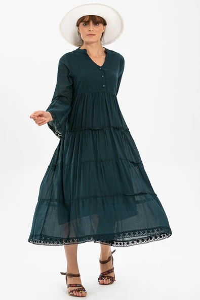 Uzun Kol Vual Şeyma Uzun Yazlık Elbise Petrol Ptrl M Petrol ürün görseli