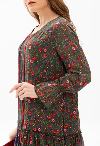 Uzun Kol Vual Gonca Uzun Yazlık Elbise Tomurcuk Desen Yeşil 6170 - Resim 4