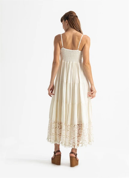 Askılı Şile Bezi Didem Uzun Yazlık Elbise Krem Krm - Resim 2