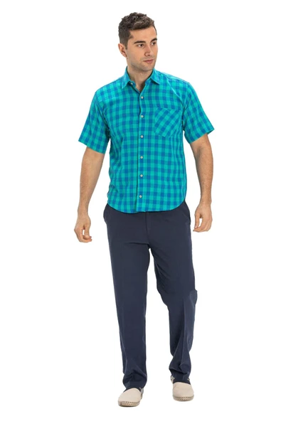 Kısa Kol Şile Bezi Tek Cepli Erkek Yazlık Gömlek Mint Kareli 3033 2XL Mint Kareli - Resim 6