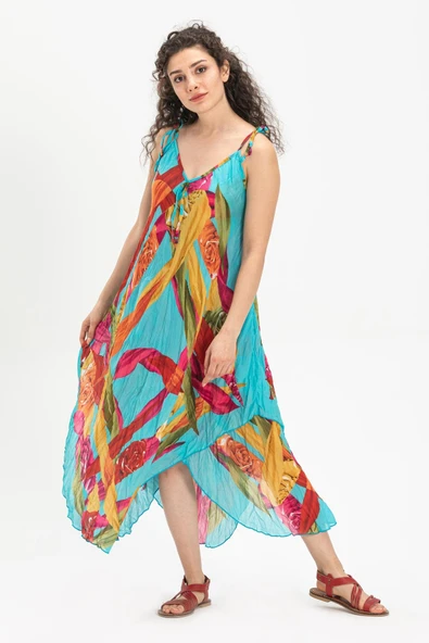 Askılı Vual Afrodit Midi Boy Yazlık Elbise Turkuaz 6149 - Resim 4