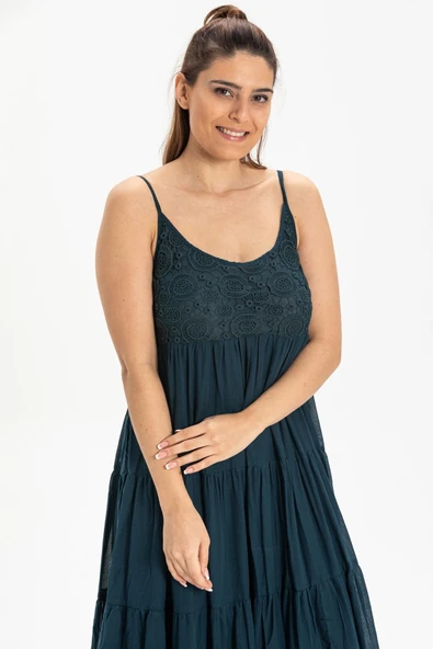 Askılı Şile Bezi Didem Uzun Yazlık Elbise Petrol Ptrl - Resim 3