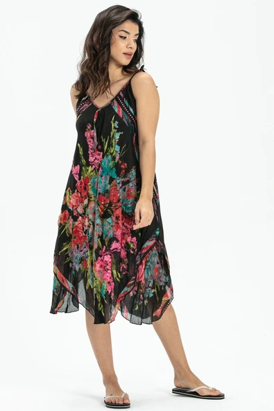 Askılı Vual Afrodit Midi Boy Yazlık Elbise Siyah-Beyaz 6063 - Resim 4