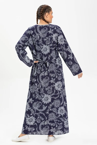Uzun Kol Şile Bezi Baskılı Uzun Yazlık Elbise Çınar Desen Lacivert Lcvt - Resim 2