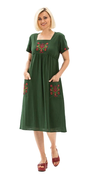 Kısa Kol Şile Bezi Büyük Beden Melek Midi Boy Yazlık Elbise Yeşil Ysl 5XL Yeşil - Resim 6