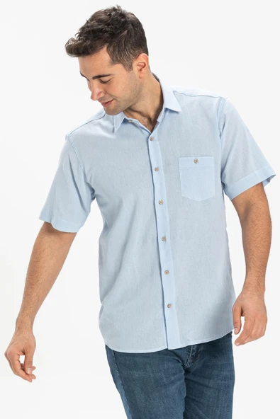 Kısa Kol Şile Bezi Tek Cepli Erkek Yazlık Gömlek Buz Mavi 3027 2XL Buz Mavi - 3