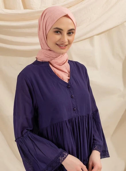 Uzun Kol Vual Şeyma Uzun Yazlık Elbise Mor Mor - Resim 9