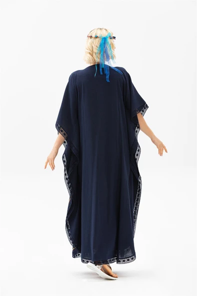 Kısa Kol Şile Bezi Gülseren Uzun Yazlık Otantik Elbise Lacivert Lcvt - Resim 5