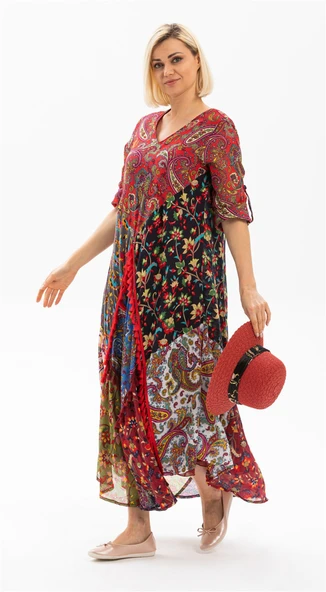 Uzun Kol Vual Patchwork Uzun Yazlık Otantik Elbise Kırmızı Krmz M Kırmızı - Resim 4