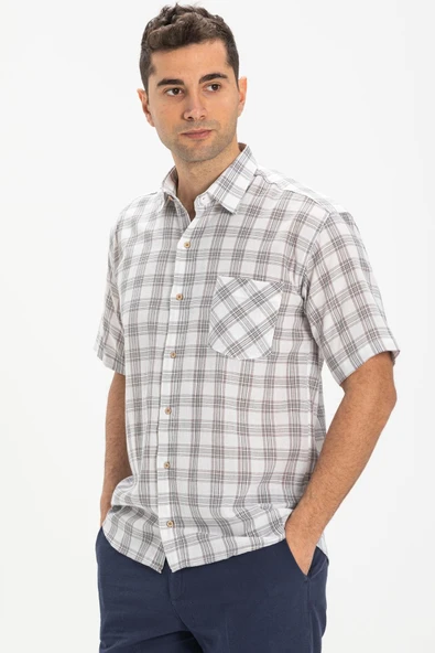 Kısa Kol Şile Bezi Tek Cepli Erkek Yazlık Gömlek Gri Ekose 3061 L Gri Ekose ürün görseli