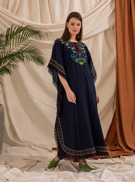 Kısa Kol Şile Bezi Gülseren Uzun Yazlık Otantik Elbise Lacivert Lcvt - Resim 11