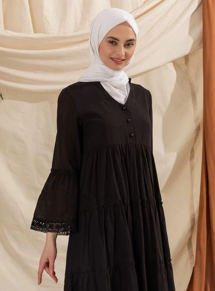 Uzun Kol Vual Şeyma Uzun Yazlık Elbise Siyah Syh M Siyah - Resim 12