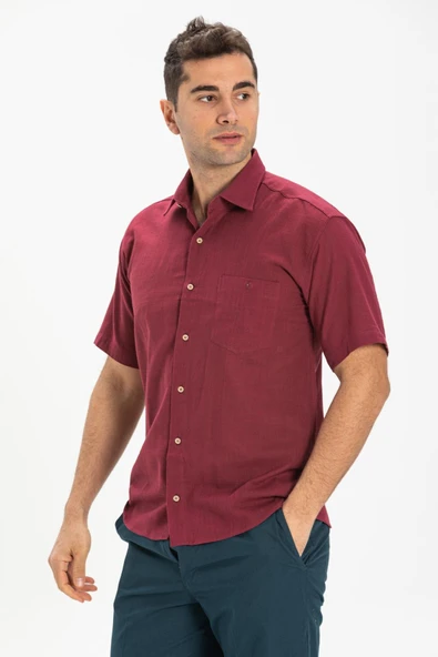Kısa Kol Şile Bezi Tek Cepli Erkek Yazlık Gömlek Koyu Bordo 3068 XL Bordo - 3