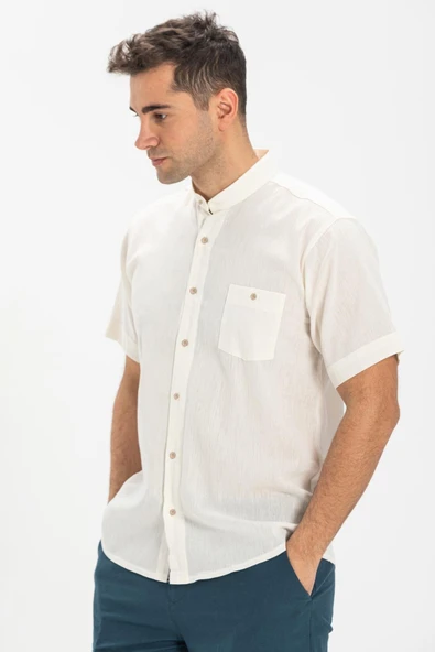 Kısa Kol Şile Bezi Hakim Yaka Tek Cepli Erkek Yazlık Gömlek Krem 3002 2XL Krem - 4