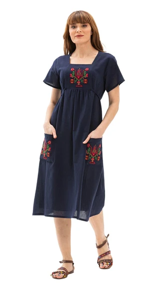 Kısa Kol Şile Bezi Büyük Beden Melek Midi Boy Yazlık Elbise Lacivert Lcvt 4XL Lacivert - Resim 7