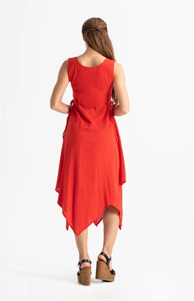 Kolsuz Şile Bezi Üçgen Katlı Midi Boy Yazlık Elbise Kırmızı Krmz M Kırmızı - Resim 2